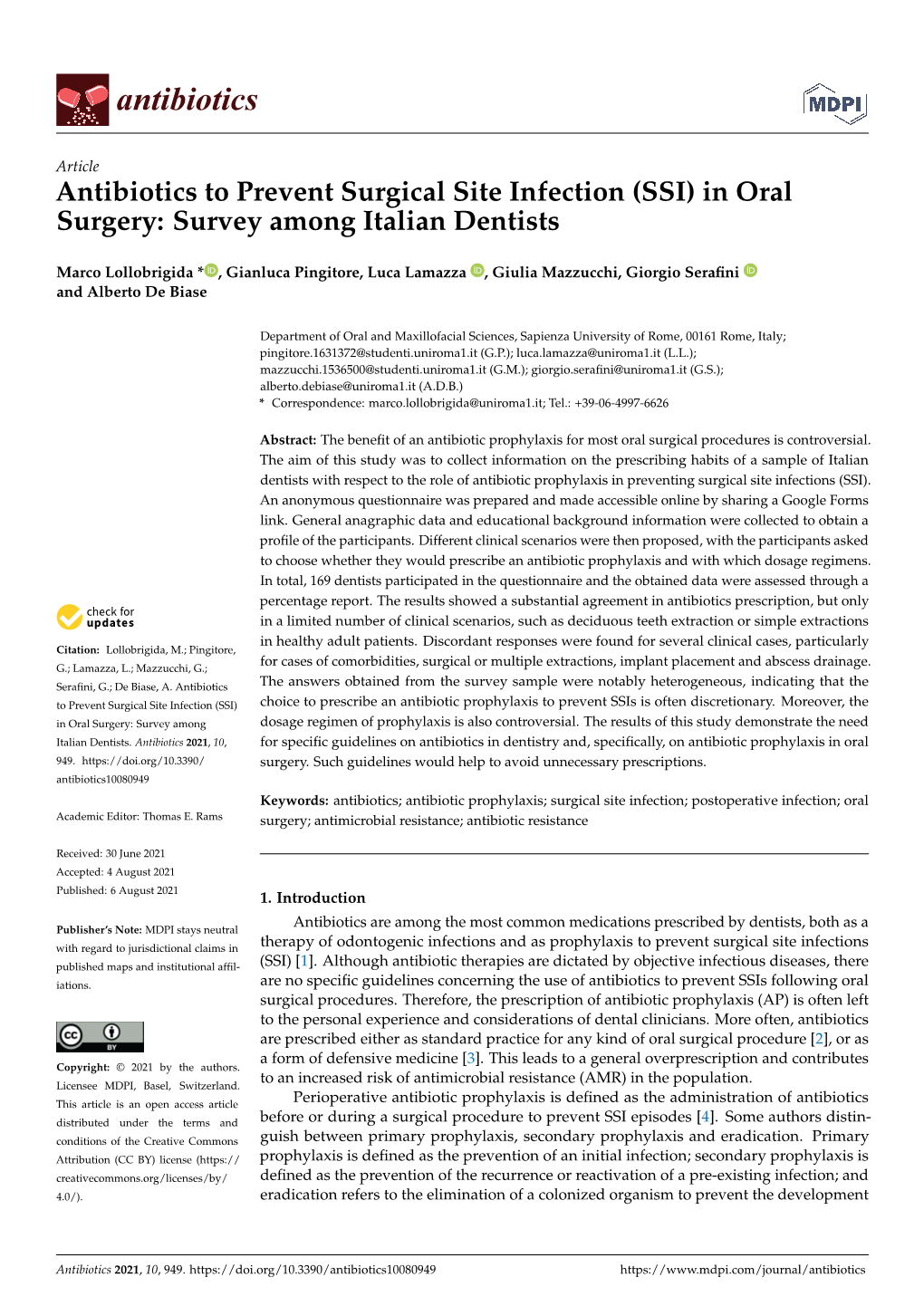 Antibiotics to Prevent Surgical Site Infection (SSI) in Oral Surgery: Survey Among Italian Dentists
