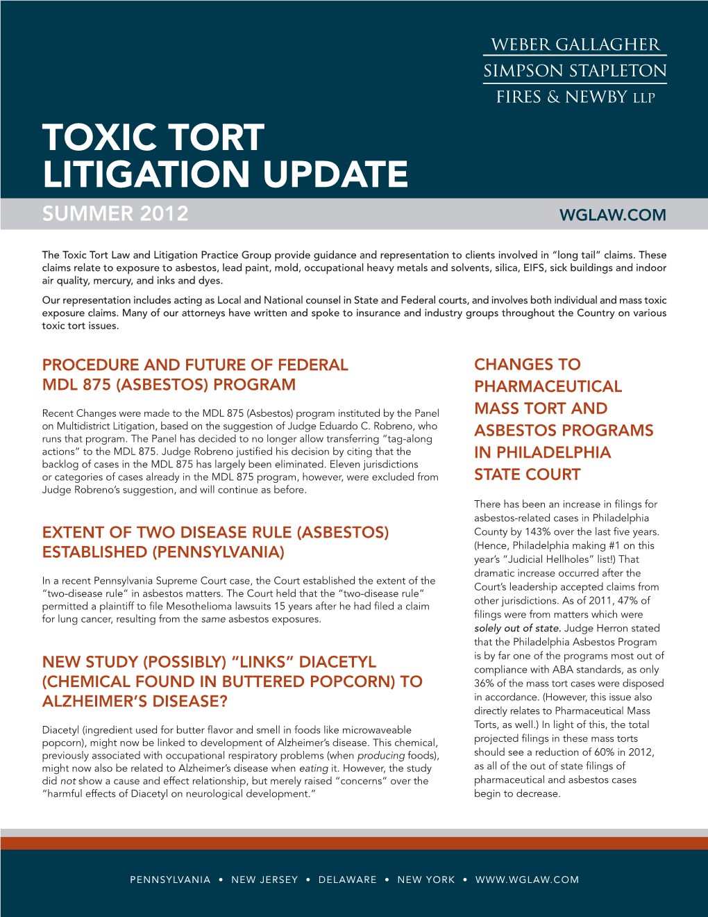 Toxic Tort Litigation Update Summer 2012 Wglaw.Com