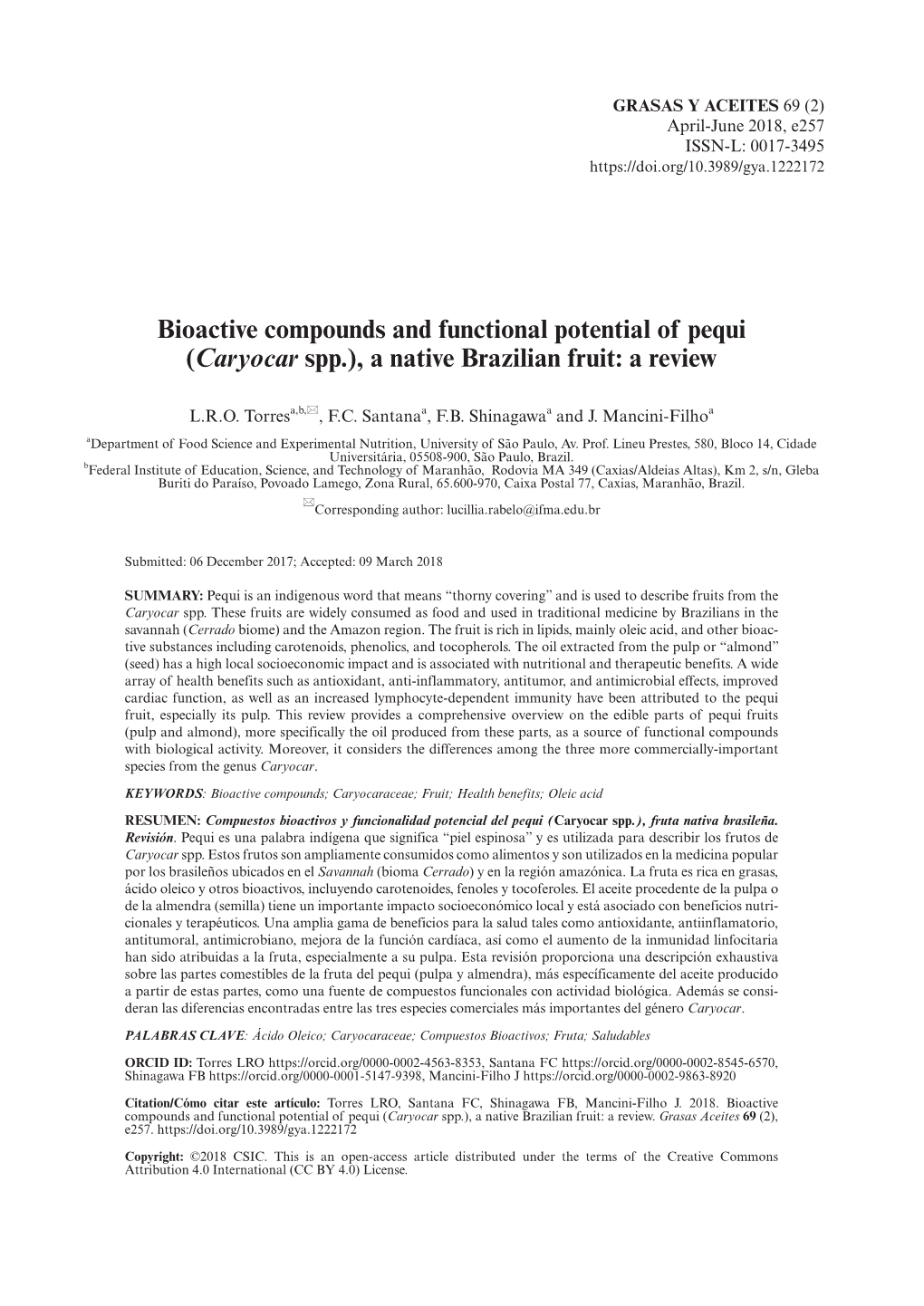Bioactive Compounds and Functional Potential of Pequi (Caryocar Spp.), a Native Brazilian Fruit: a Review