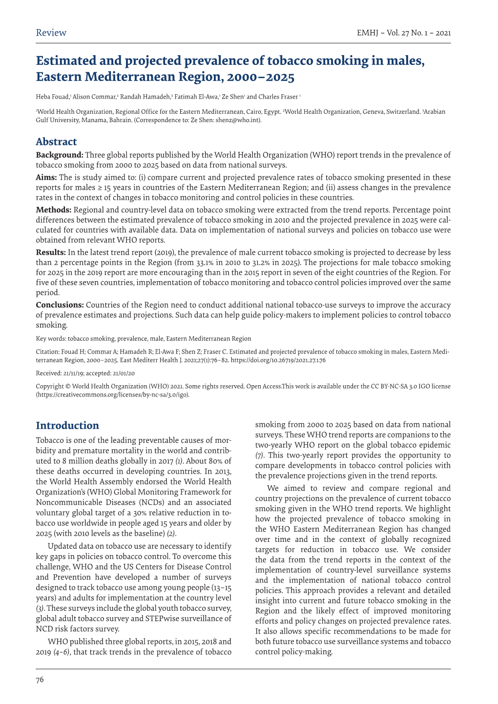 Estimated and Projected Prevalence of Tobacco Smoking in Males, Eastern Mediterranean Region, 2000–2025