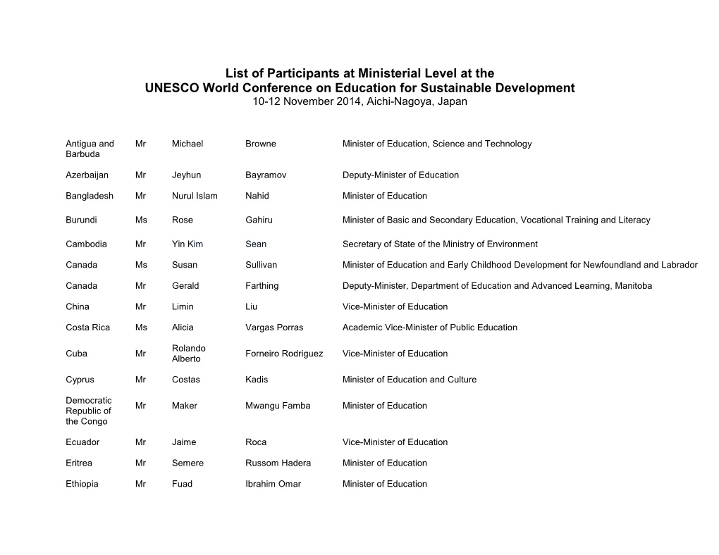 List of Participants at Ministerial Level at the UNESCO World Conference on Education for Sustainable Development 10-12 November 2014, Aichi-Nagoya, Japan
