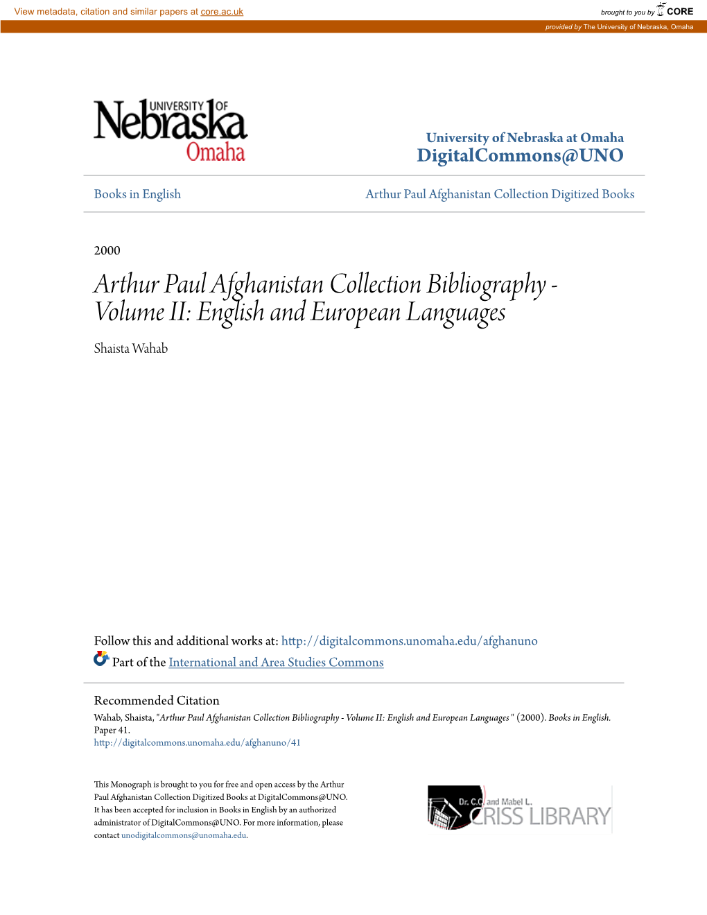 <I>Arthur Paul Afghanistan Collection Bibliography