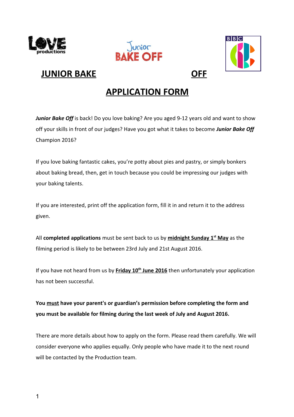 Junior Bake Off Application Form