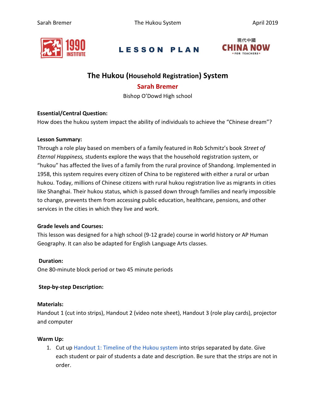 Bremer-Hukou-System Lesson Plan