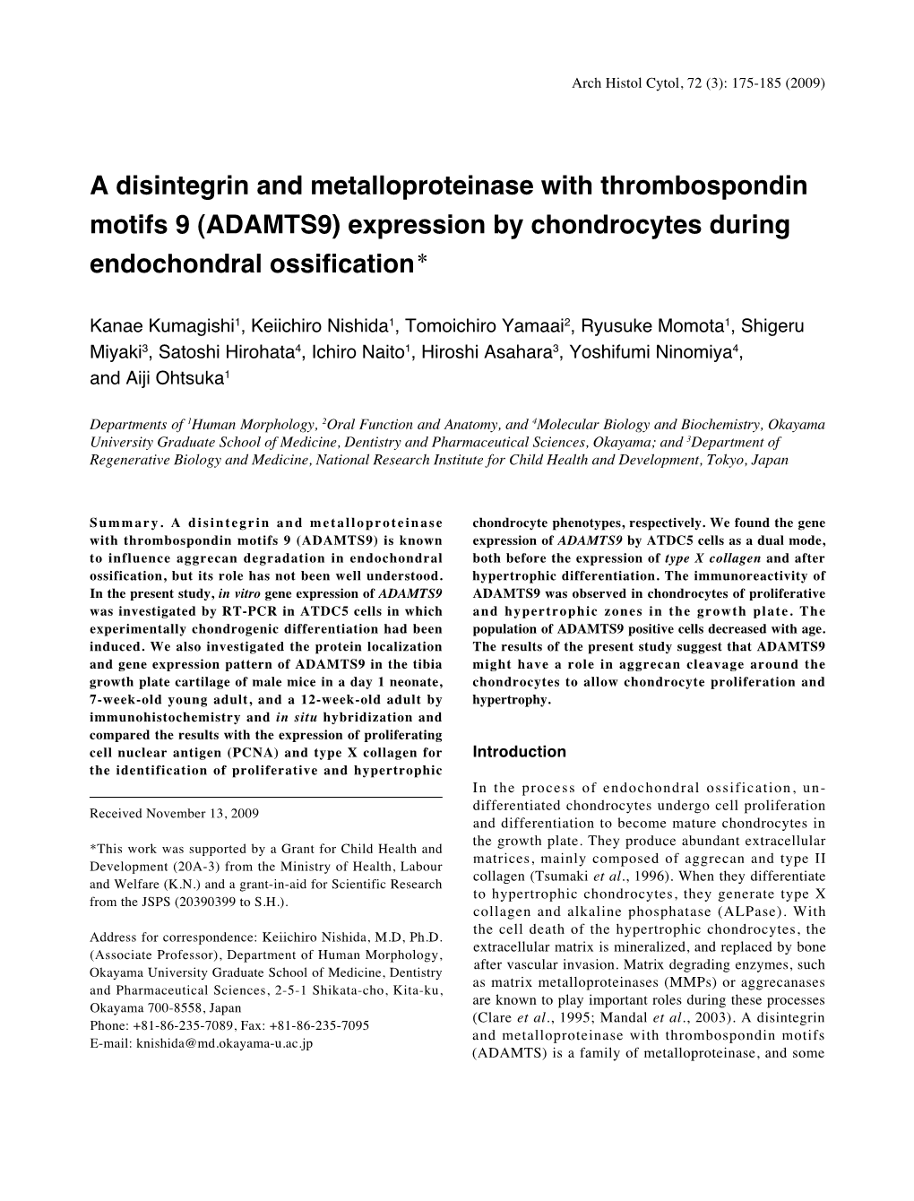 (ADAMTS9) Expression by Chondrocytes During Endochondral Ossiﬁcation＊