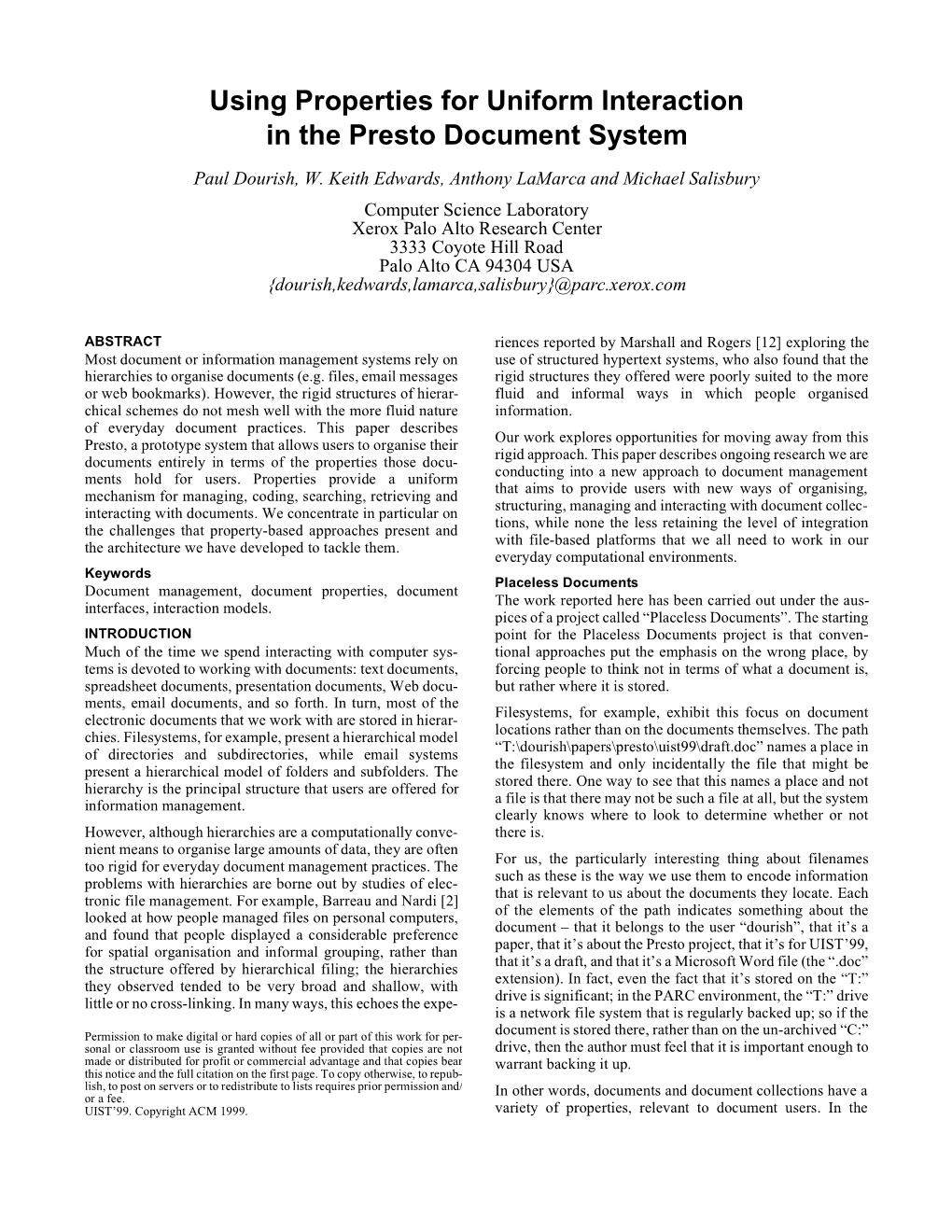 Using Properties for Uniform Interaction in the Presto Document System