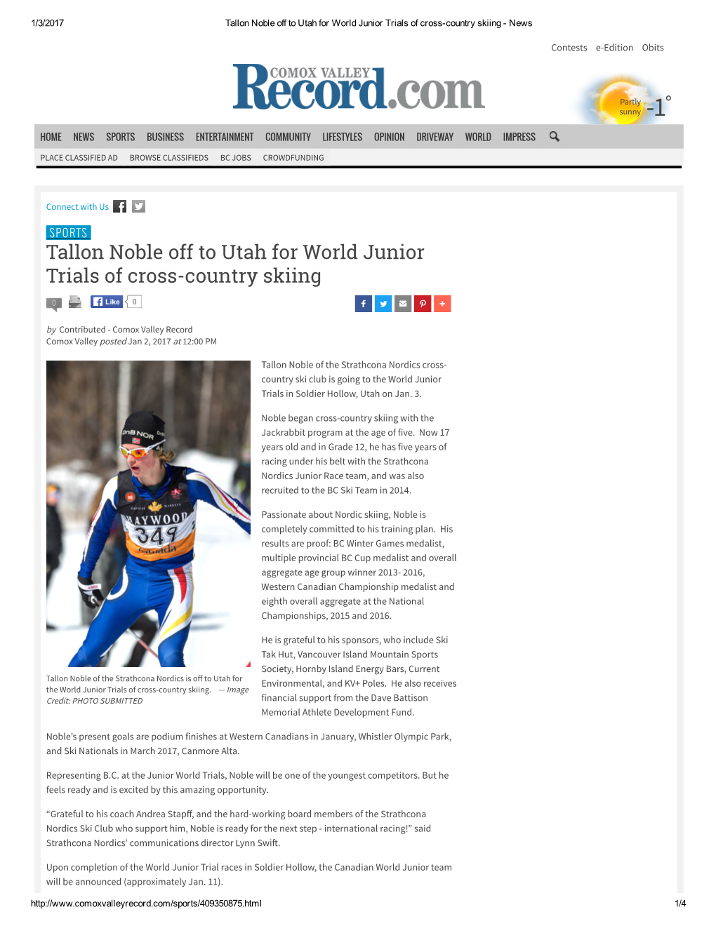 Tallon Noble Off to Utah for World Junior Trials of Cross-Country Skiing