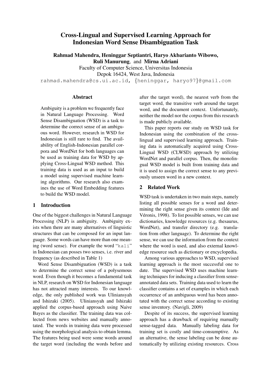 Cross-Lingual and Supervised Learning Approach for Indonesian Word Sense Disambiguation Task