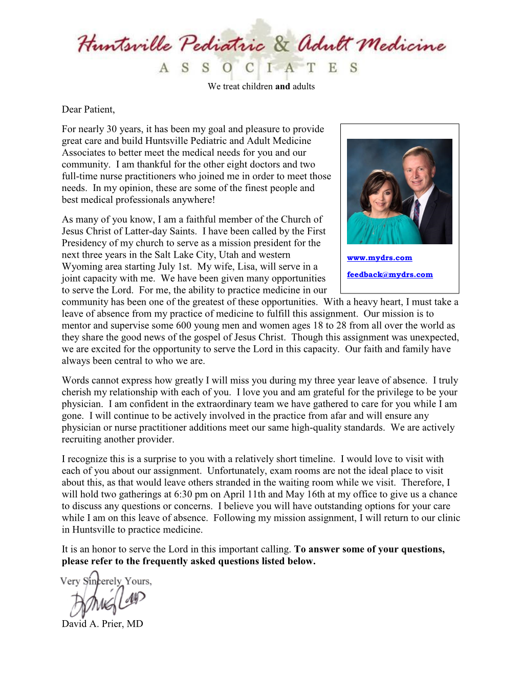 Dr.Prier's Announcement Letter