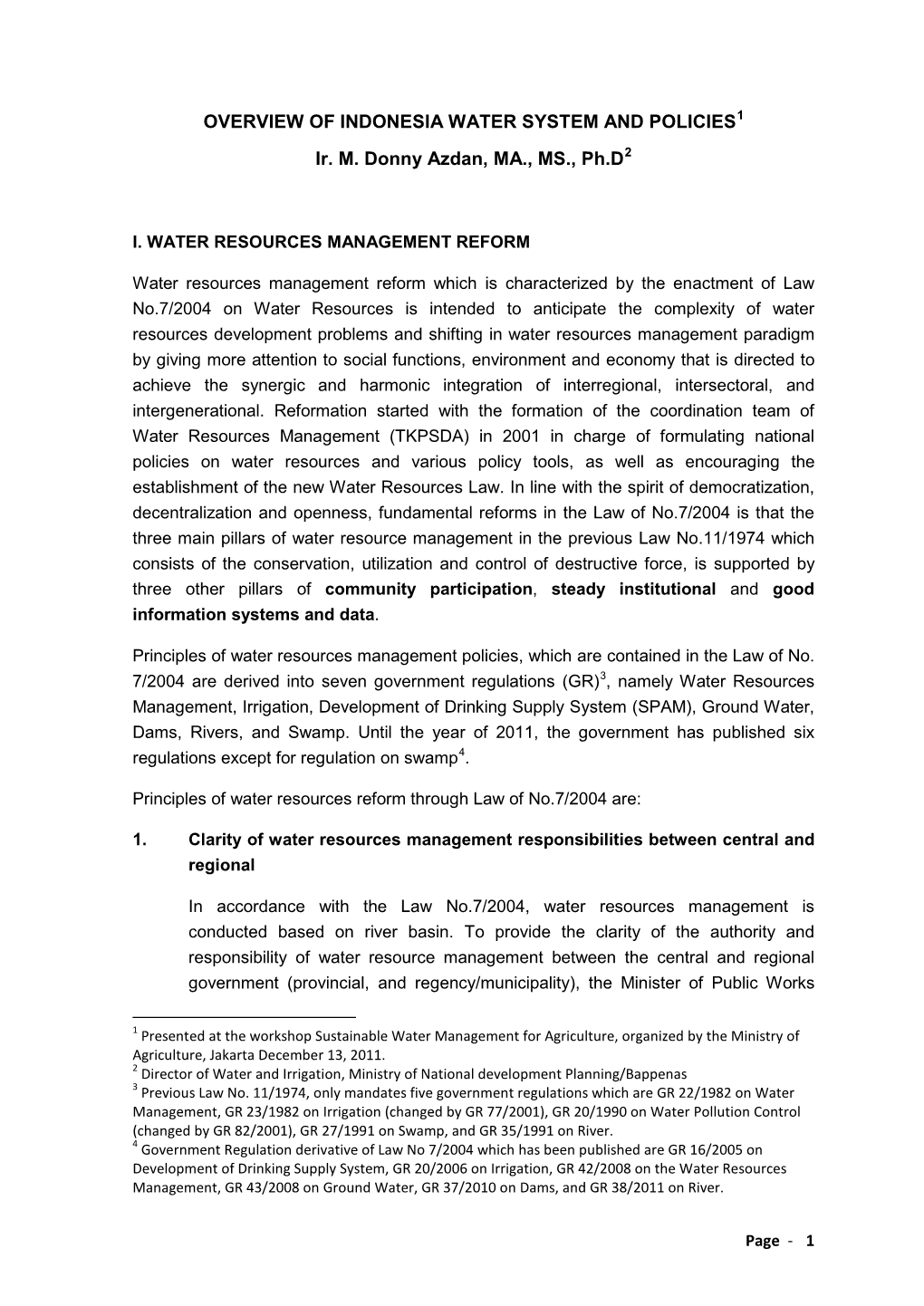 OVERVIEW of INDONESIA WATER SYSTEM and POLICIES1 Ir