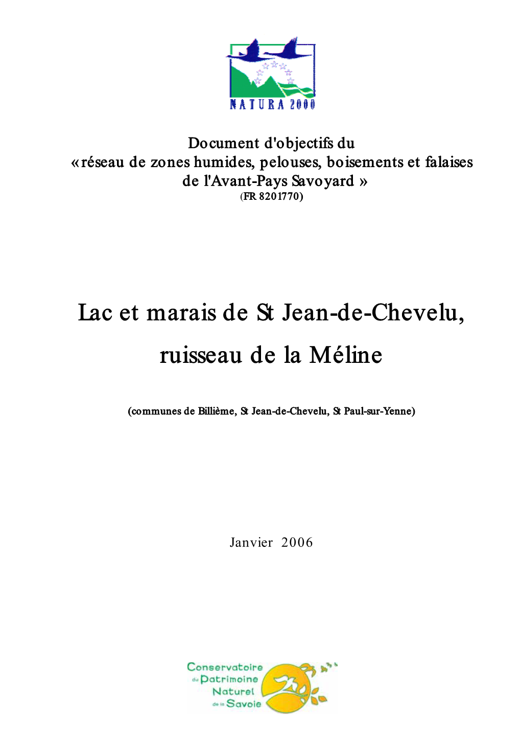 Lac Et Marais De ST Jean-De-Chevelu, Ruisseau De La Méline - Document D’Objectifs - CPNS, Janvier 2006