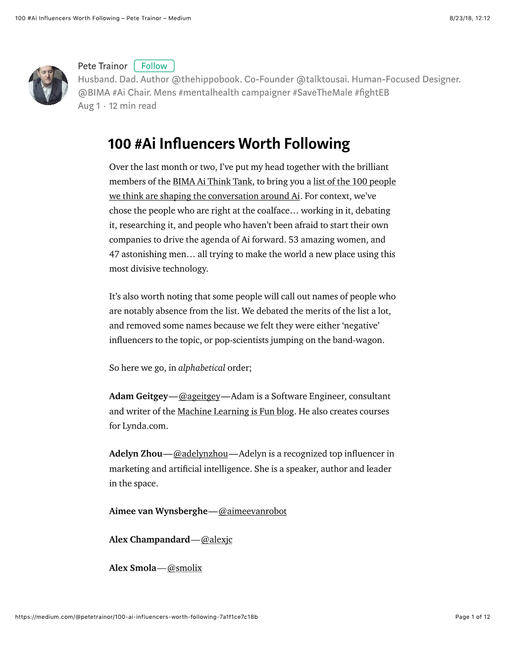 100 #Ai Influencers Worth Following – Pete Trainor – Medium 8/23/18, 12�12
