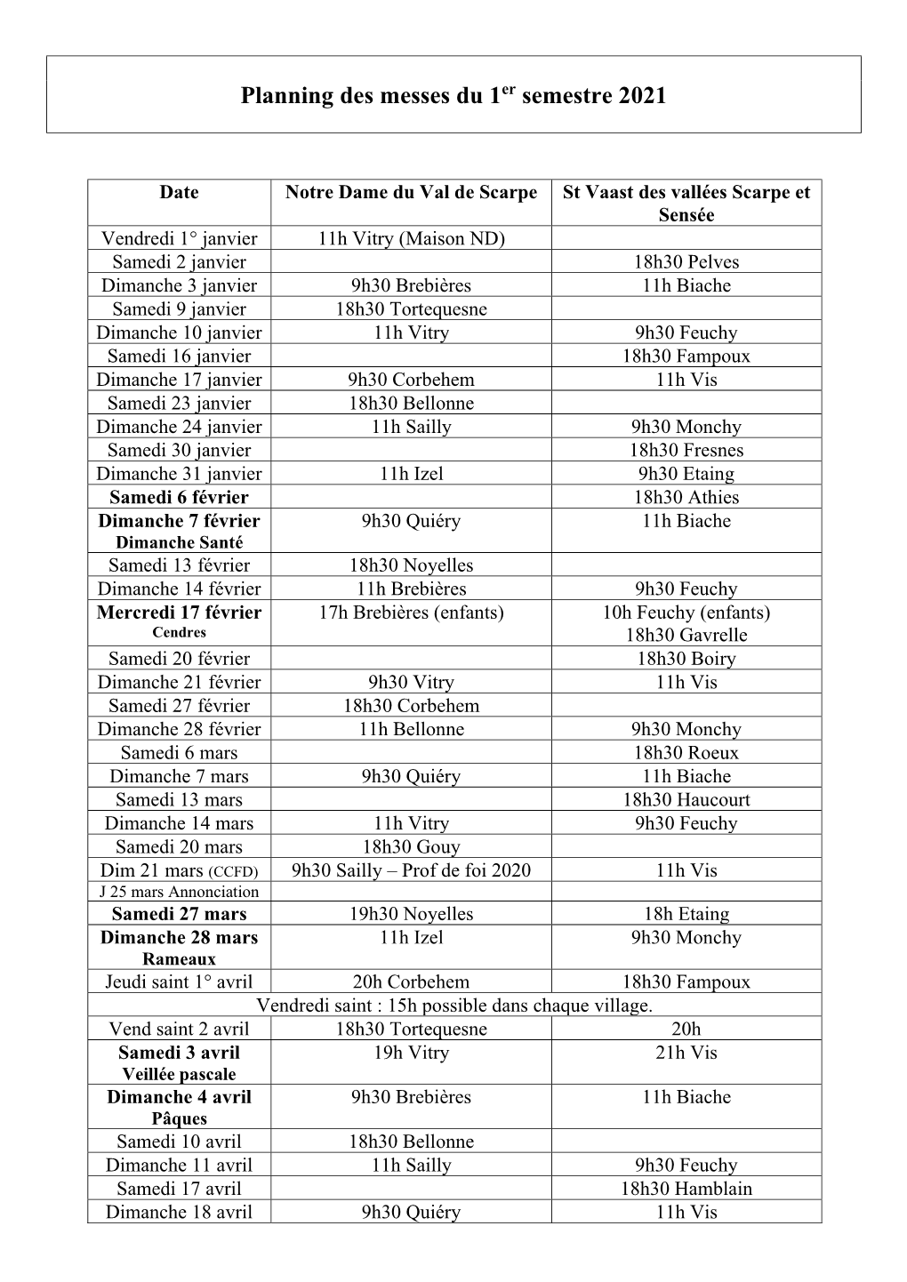 Planning Des Messes Du 1Er Semestre 2021