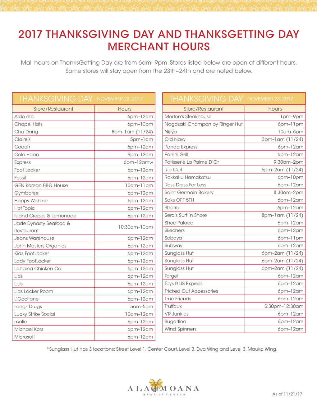 2017 Thanksgiving Day and Thanksgetting Day Merchant Hours