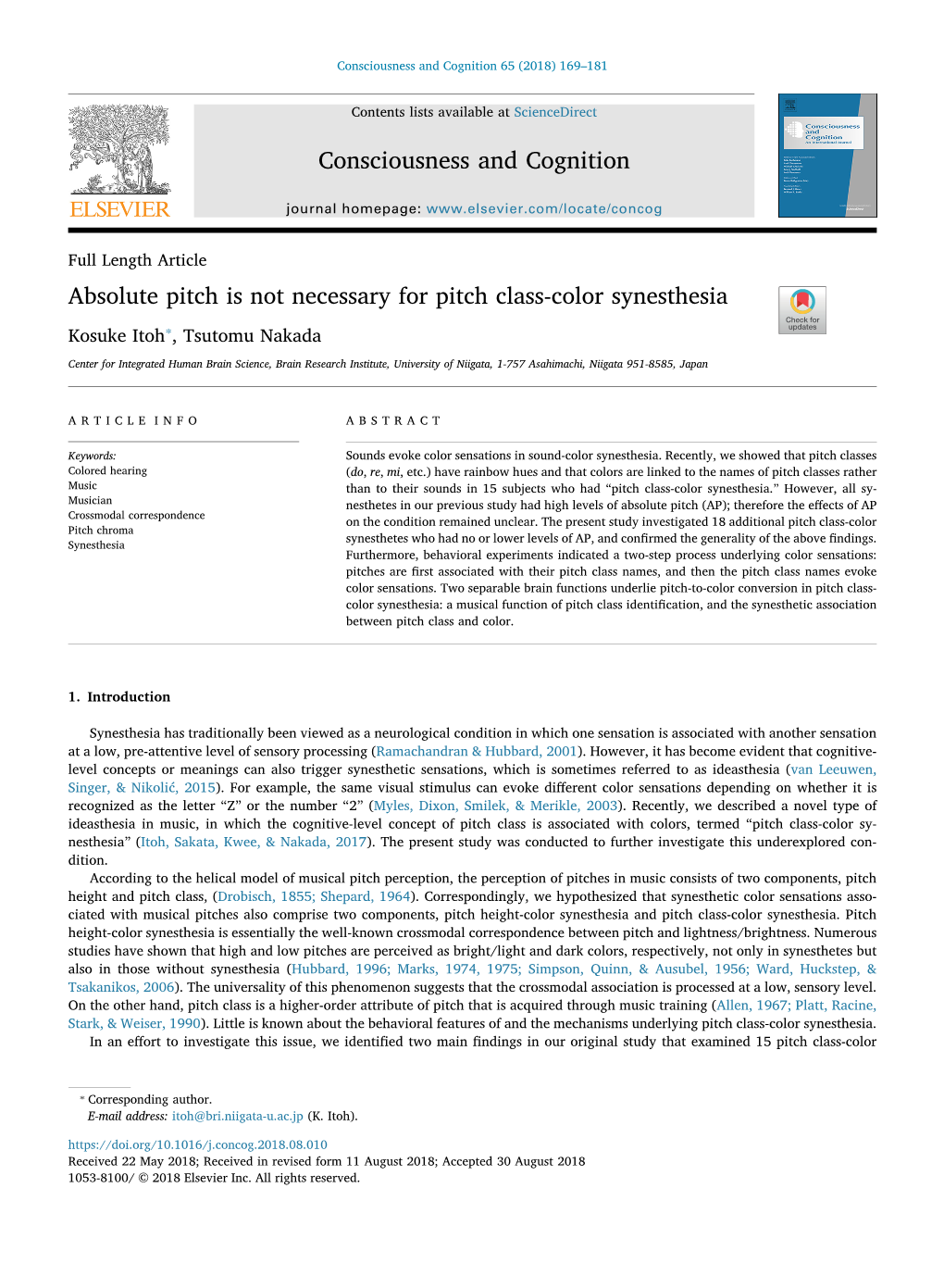 Absolute Pitch Is Not Necessary for Pitch Class-Color Synesthesia ⁎ T Kosuke Itoh , Tsutomu Nakada