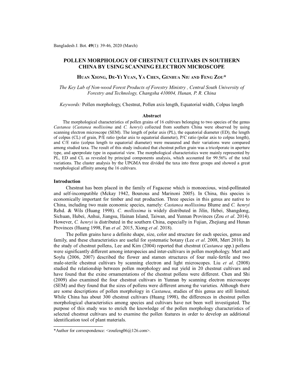 Pollen Morphology of Chestnut Cultivars in Southern China by Using Scanning Electron Microscope