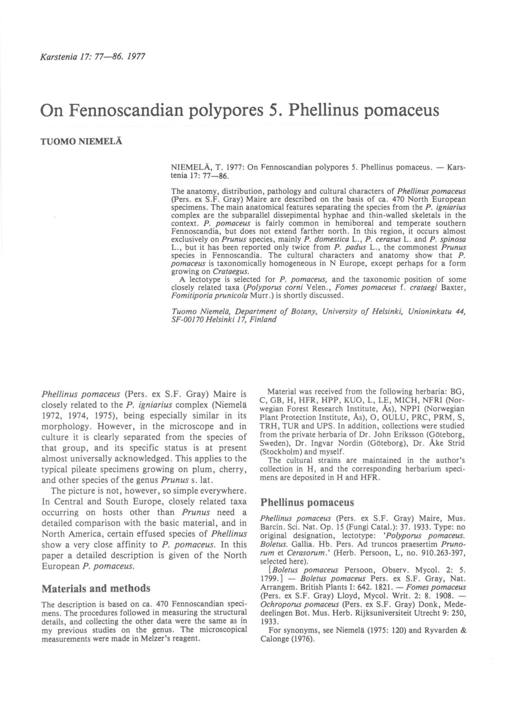 On Fennoscandian Polypores 5. Phellinus Pomaceus