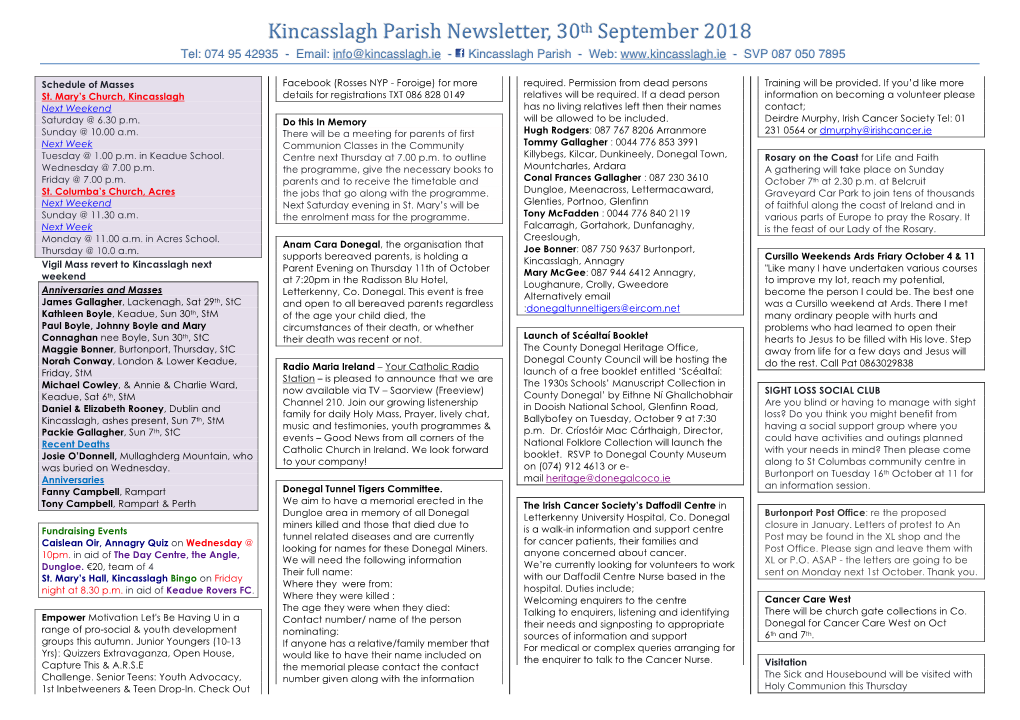 30Th September 2018 Tel: 074 95 42935 - Email: Info@Kincasslagh.Ie - Kincasslagh Parish - Web: - SVP 087 050 7895