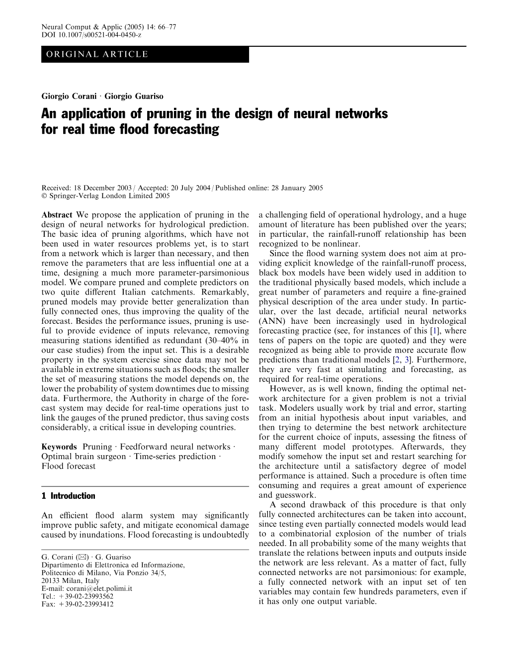 An Application of Pruning in the Design of Neural Networks for Real Time ﬂood Forecasting