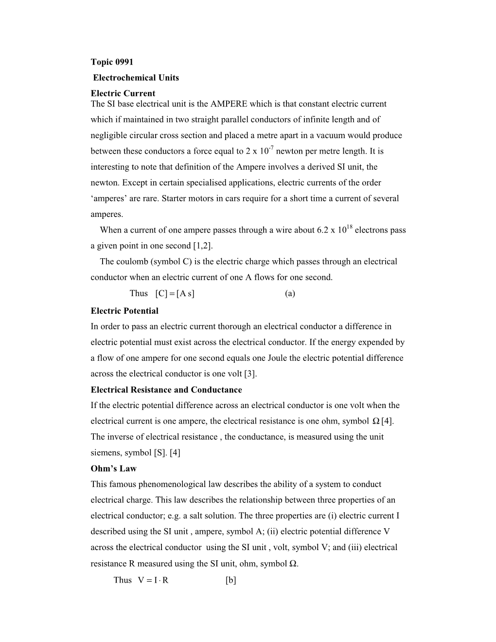 Topic 0991 Electrochemical Units Electric Current the SI Base