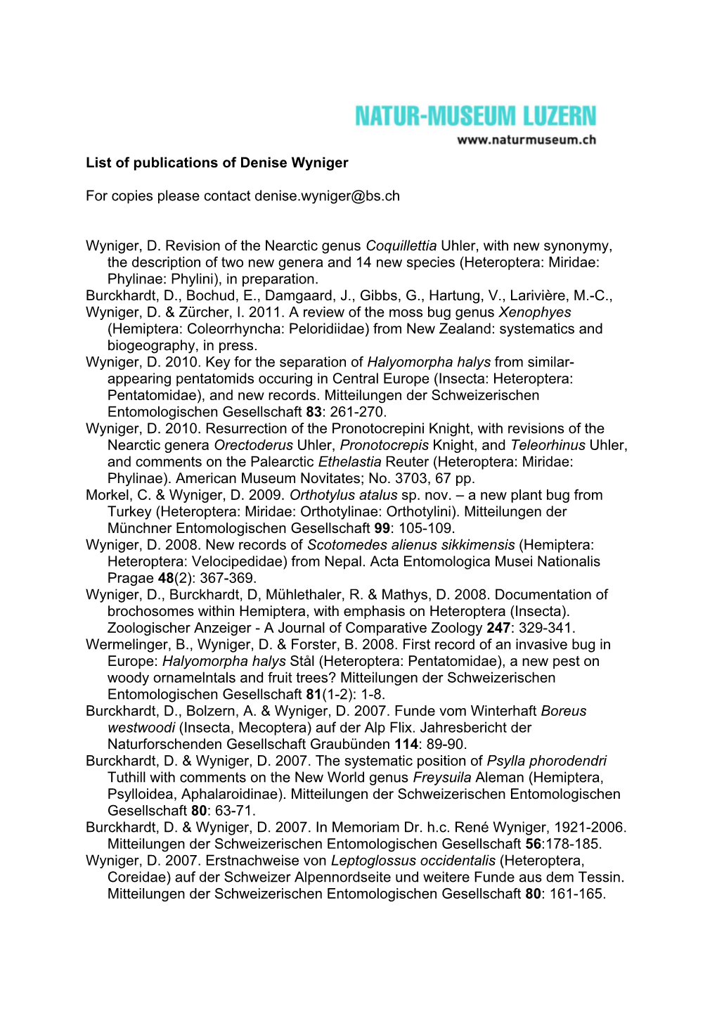 List of Publications of Denise Wyniger