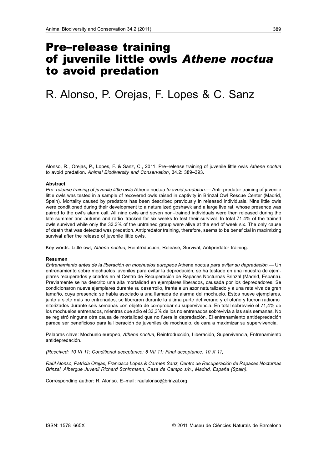 Pre–Release Training of Juvenile Little Owls Athene Noctua to Avoid Predation