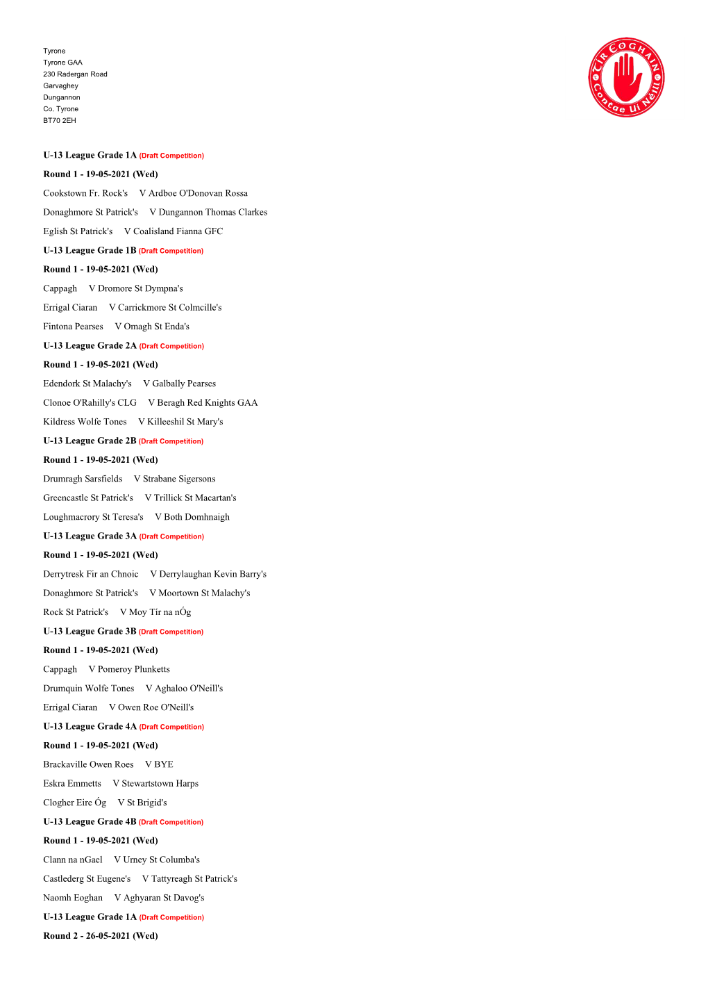 U13 League Fixtures