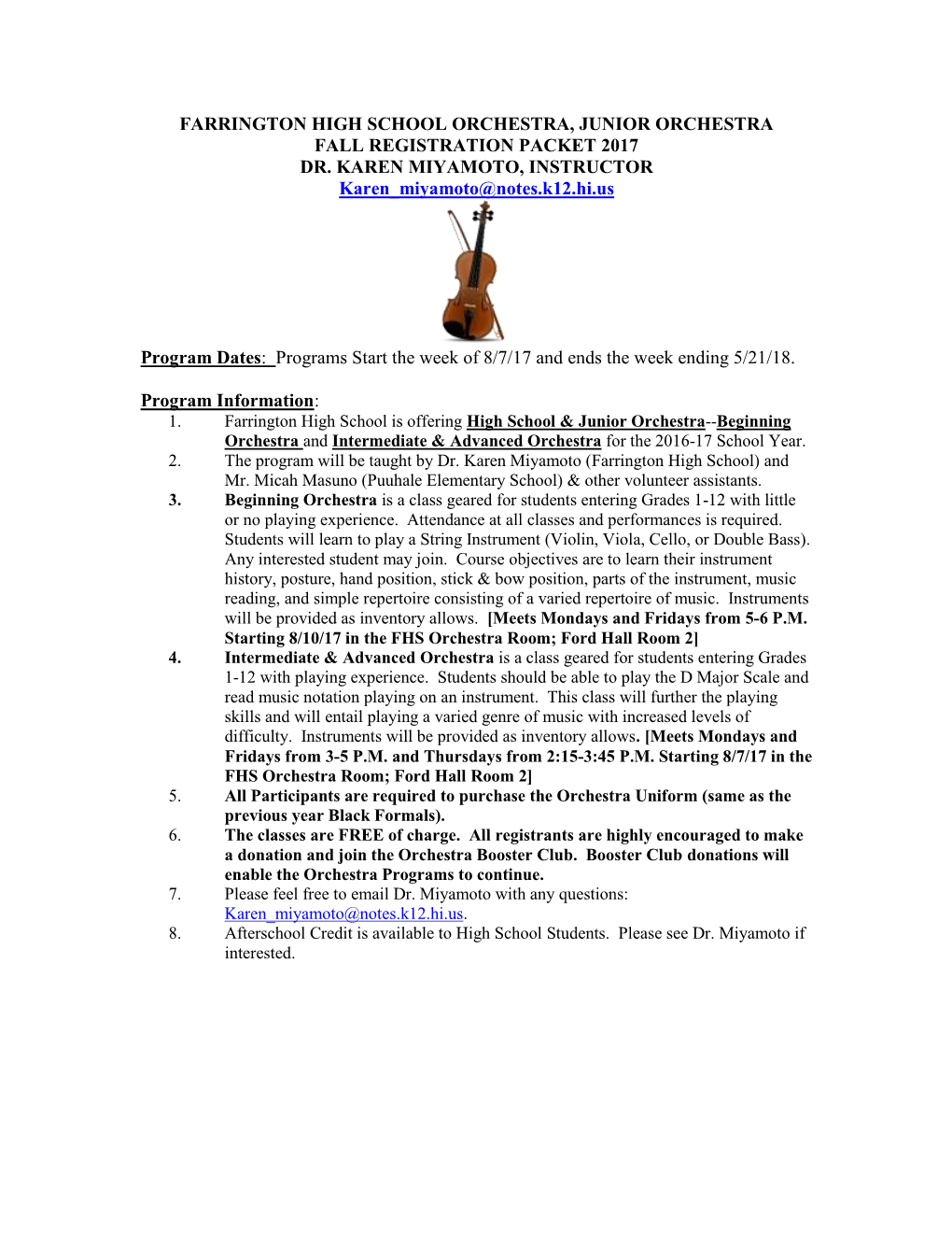 Farrington High School Orchestra, Junior Orchestra Fall Registration Packet 2017 Dr