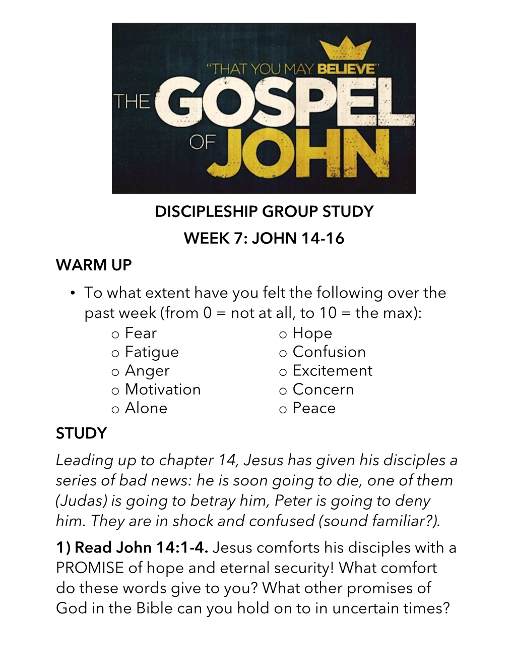 COAH Gospel of John Studies Week 7 (John 14-16)