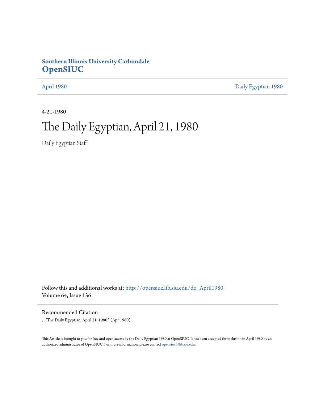 The Daily Egyptian, April 21, 1980