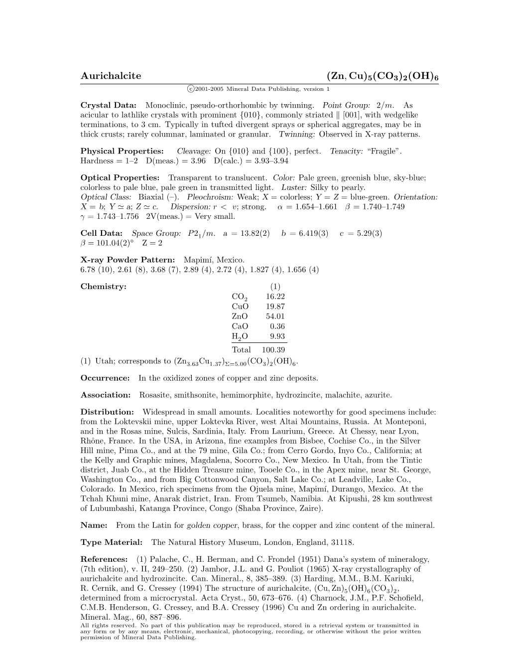 Aurichalcite (Zn, Cu)5(CO3)2(OH)6 C 2001-2005 Mineral Data Publishing, Version 1