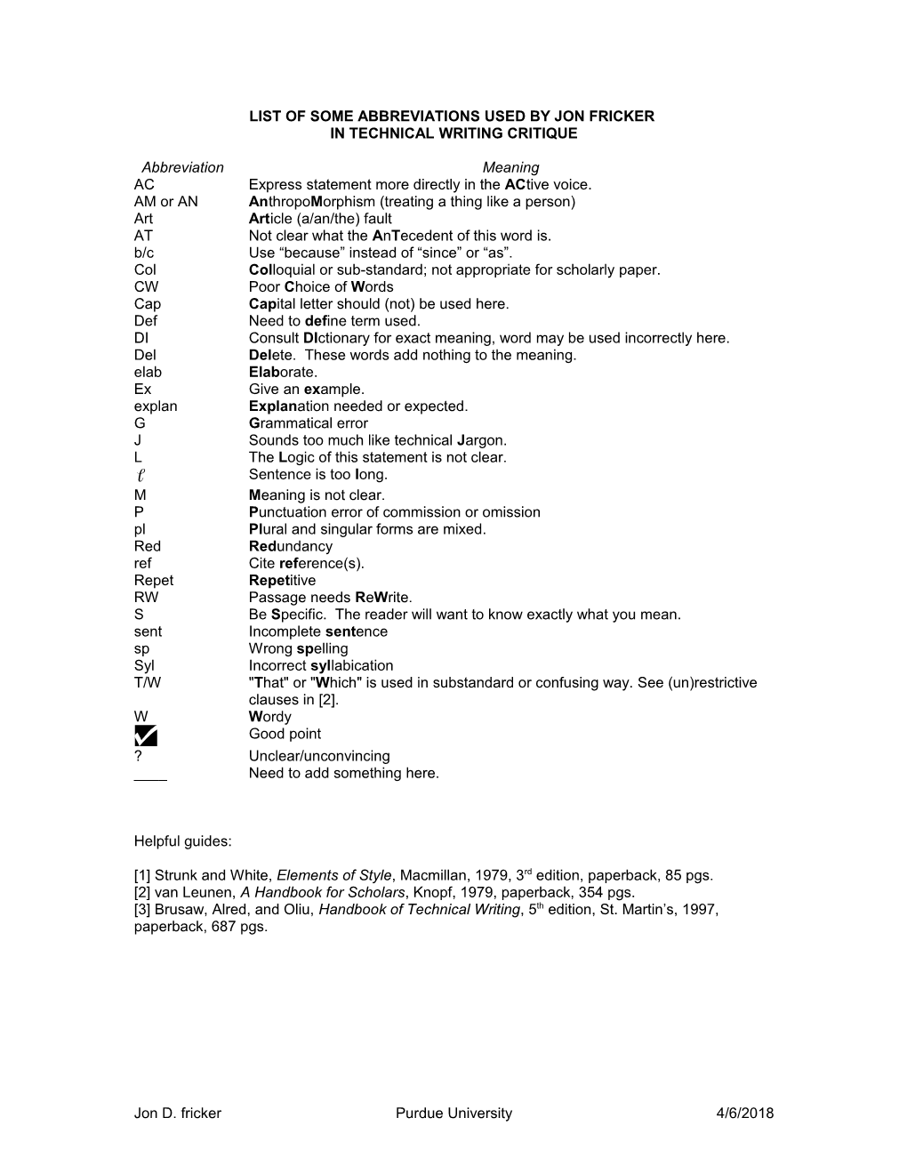 List of Abbreviations Used in Technical Writing Critique s1