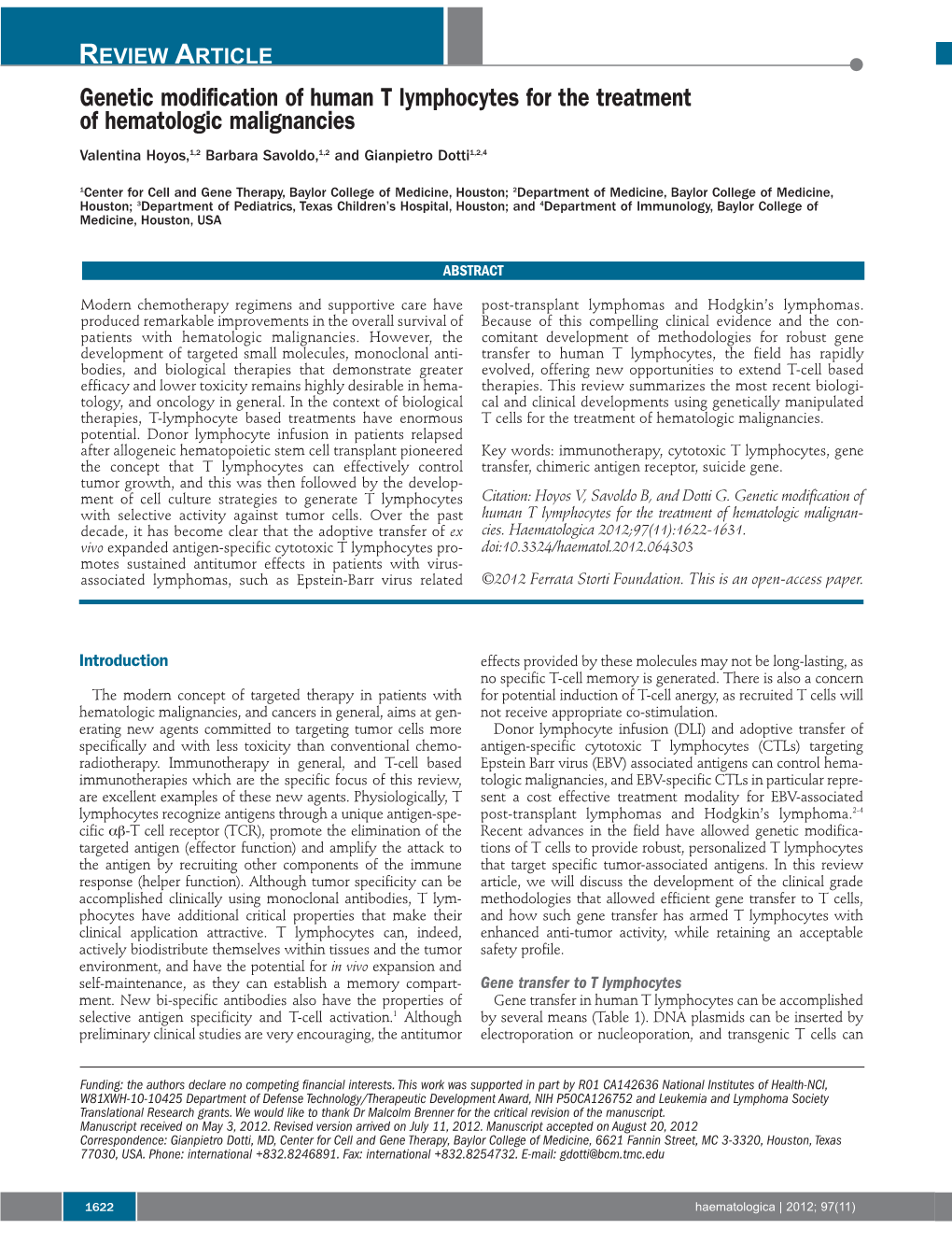 Genetic Modification of Human T Lymphocytes for the Treatment of Hematologic Malignancies