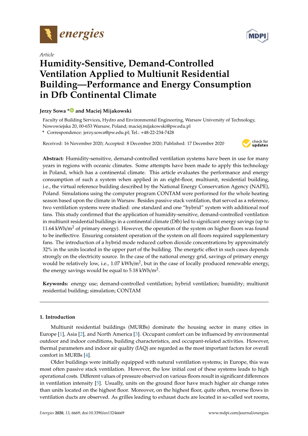 Humidity-Sensitive, Demand-Controlled Ventilation Applied to Multiunit Residential Building—Performance and Energy Consumption in Dfb Continental Climate