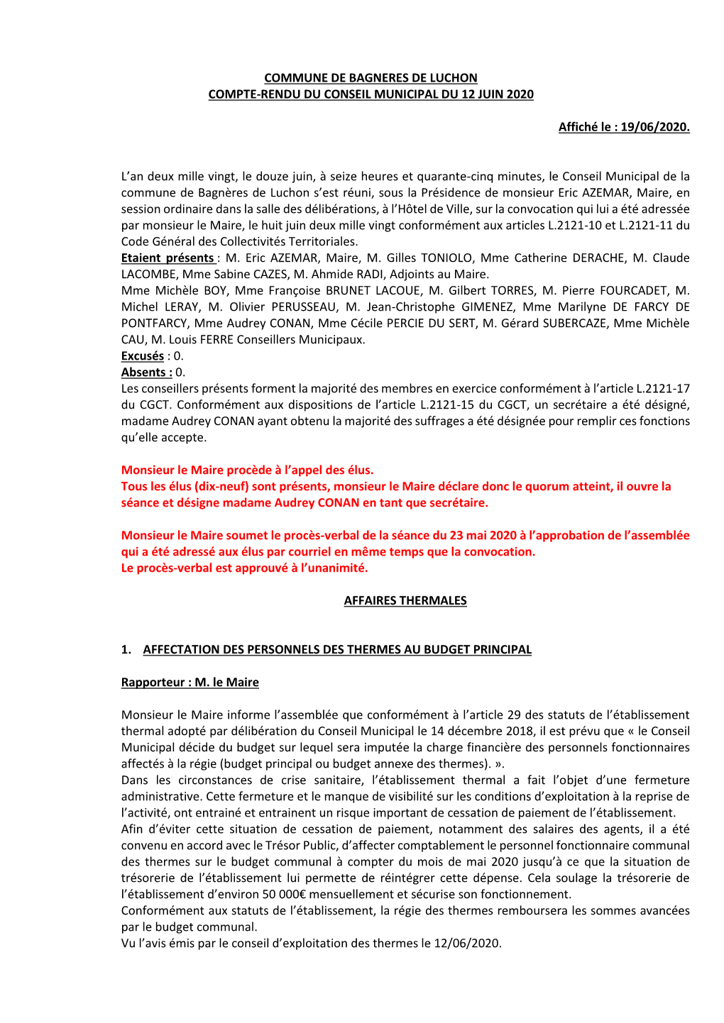 Commune De Bagneres De Luchon Compte-Rendu Du Conseil Municipal Du 12 Juin 2020