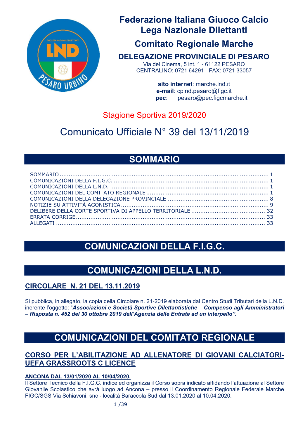 Comunicato Ufficiale N° 39 Del 13/11/2019