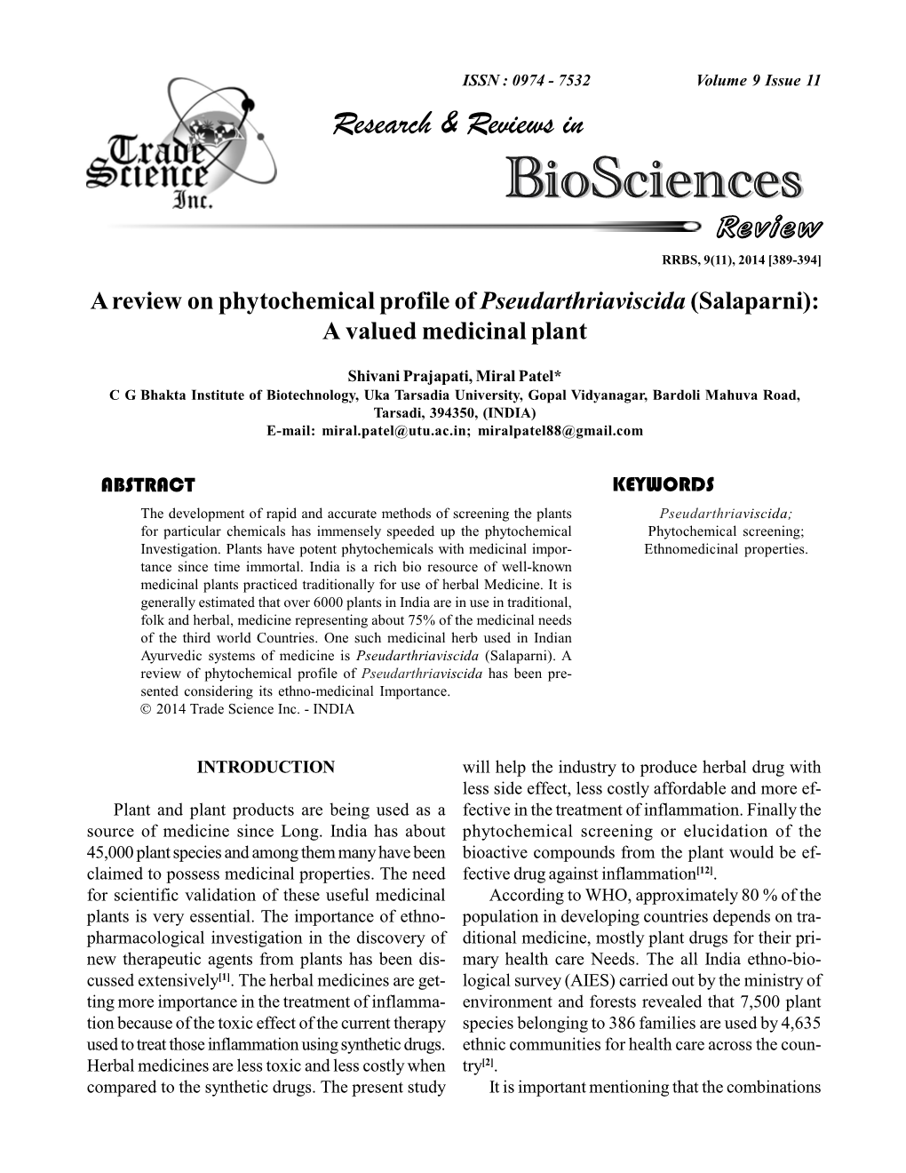 A Review on Phytochemical Profile of Pseudarthriaviscida (Salaparni): a Valued Medicinal Plant