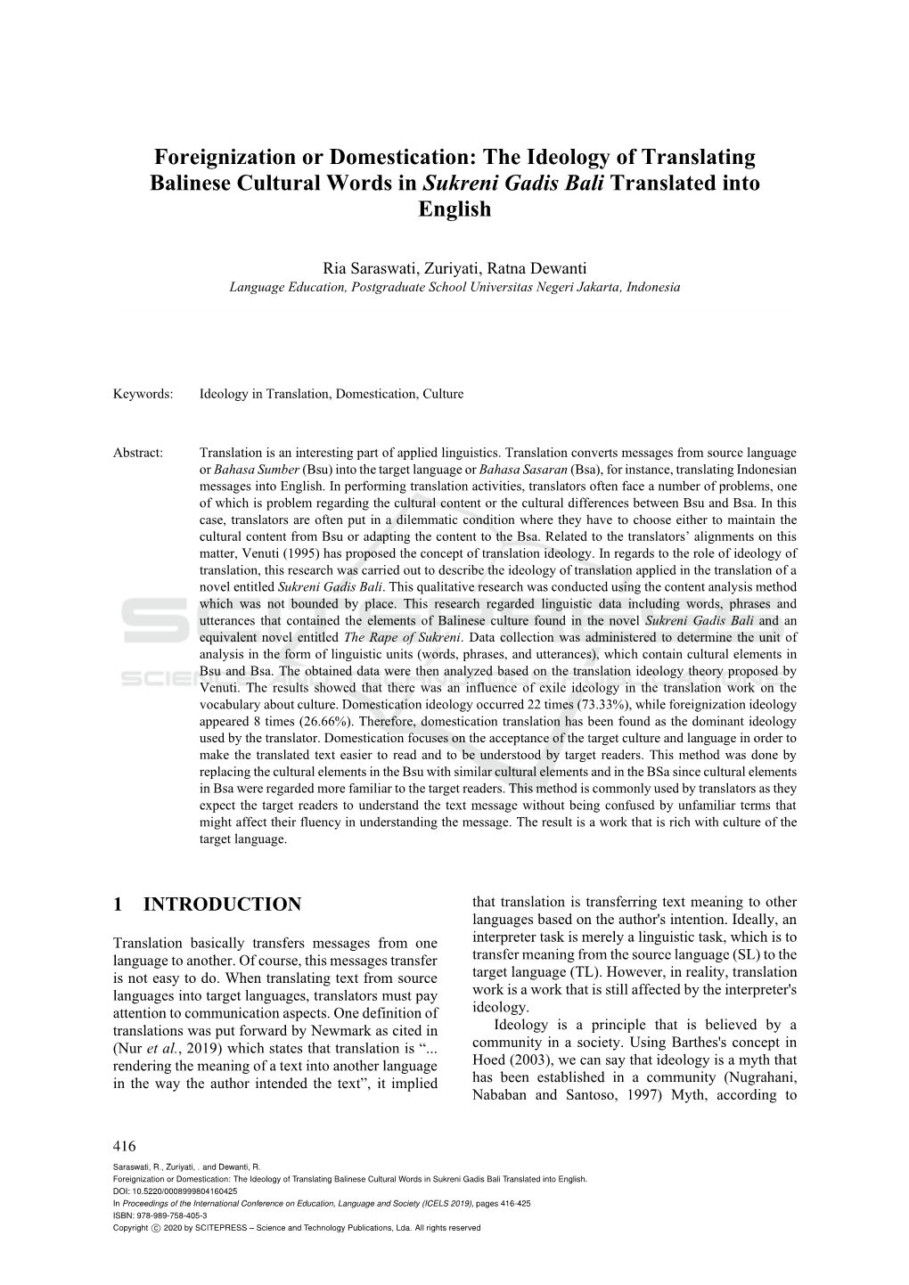 Foreignization Or Domestication: the Ideology of Translating Balinese Cultural Words in Sukreni Gadis Bali Translated Into English