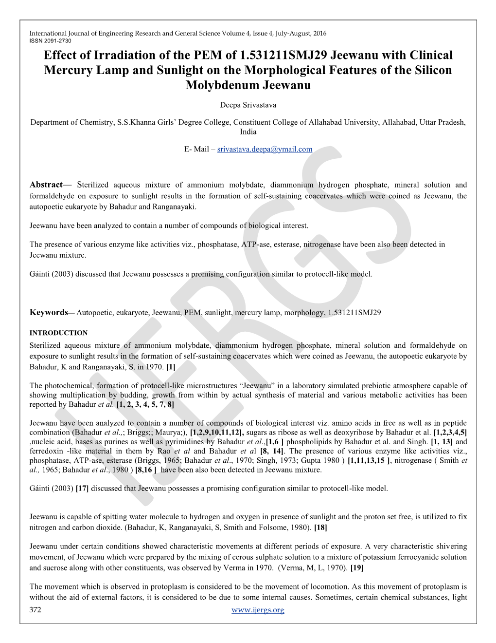 Effect of Irradiation of the PEM of 1.531211SMJ29 Jeewanu with Clinical Mercury Lamp and Sunlight on the Morphological Features of the Silicon Molybdenum Jeewanu