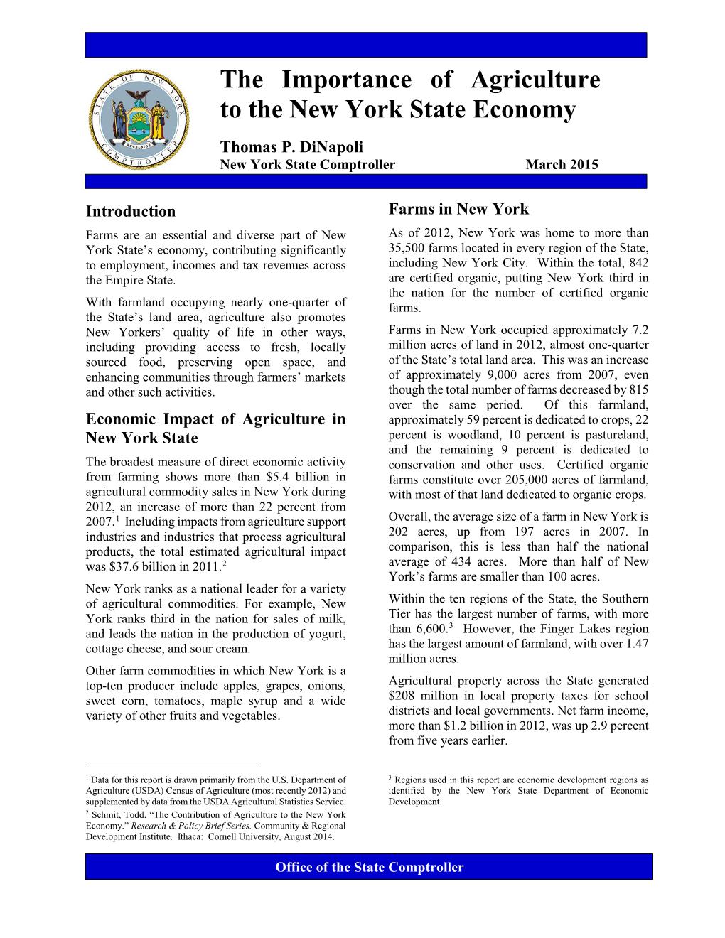 The Importance of Agriculture to the New York State Economy