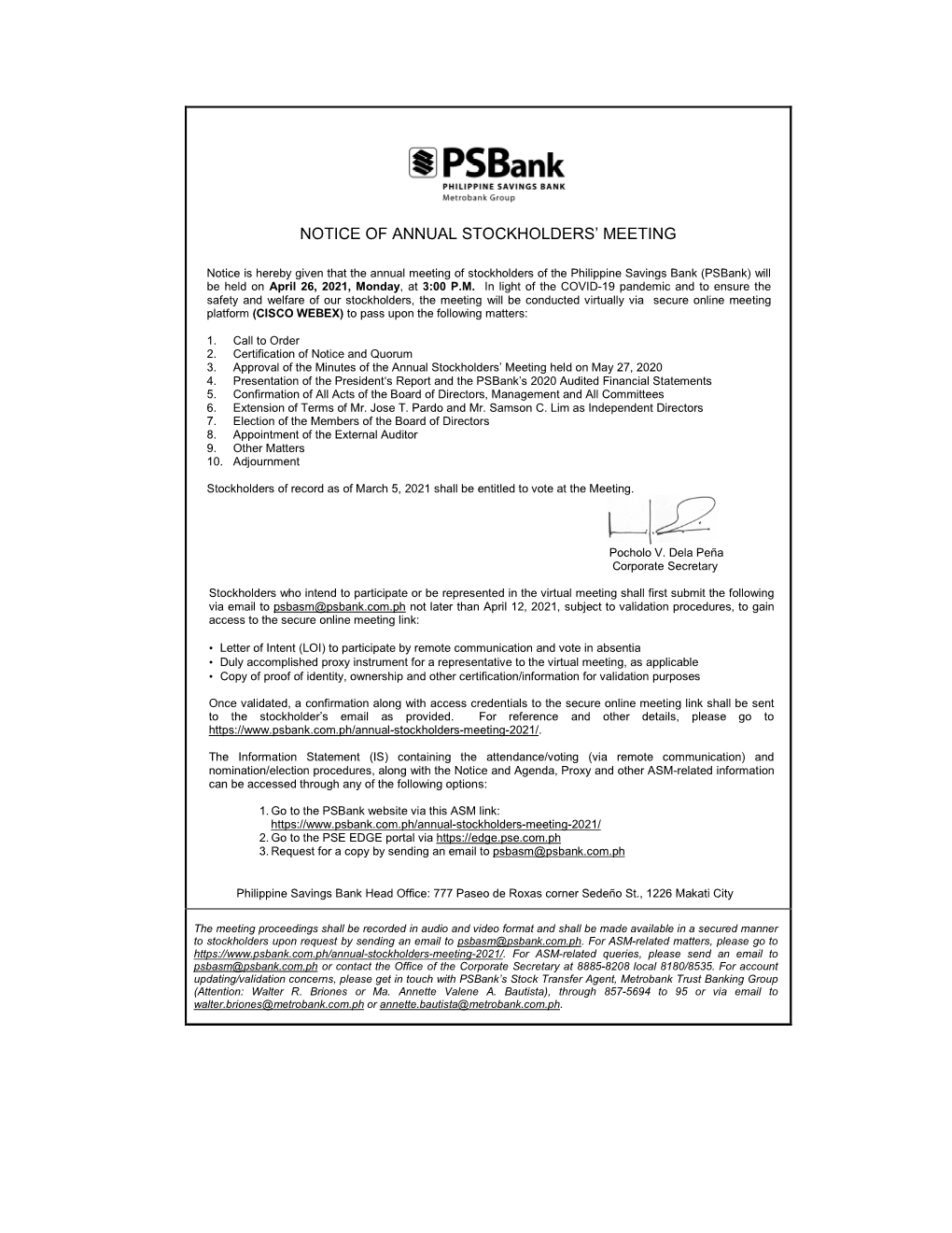 Psbank 2021 ASM Notice with Agenda