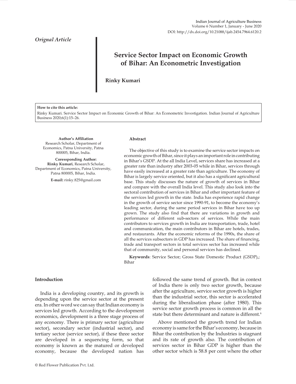 Service Sector Impact on Economic Growth of Bihar: an Econometric Investigation