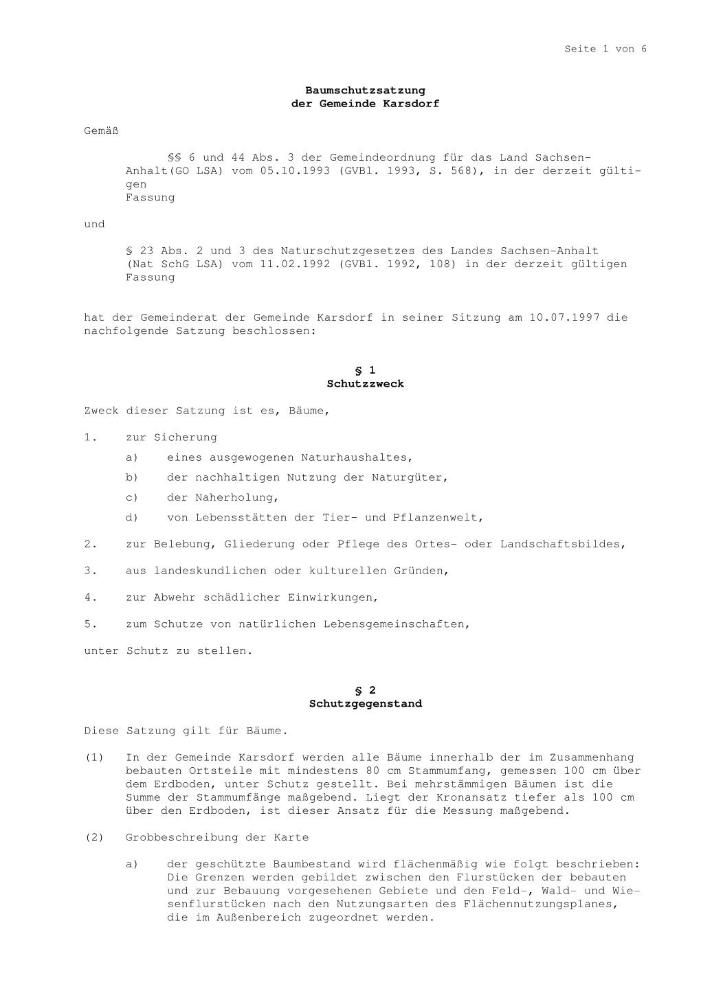 Baumschutzsatzung Der Gemeinde Karsdorf Gemäß §§ 6 Und 44 Abs. 3