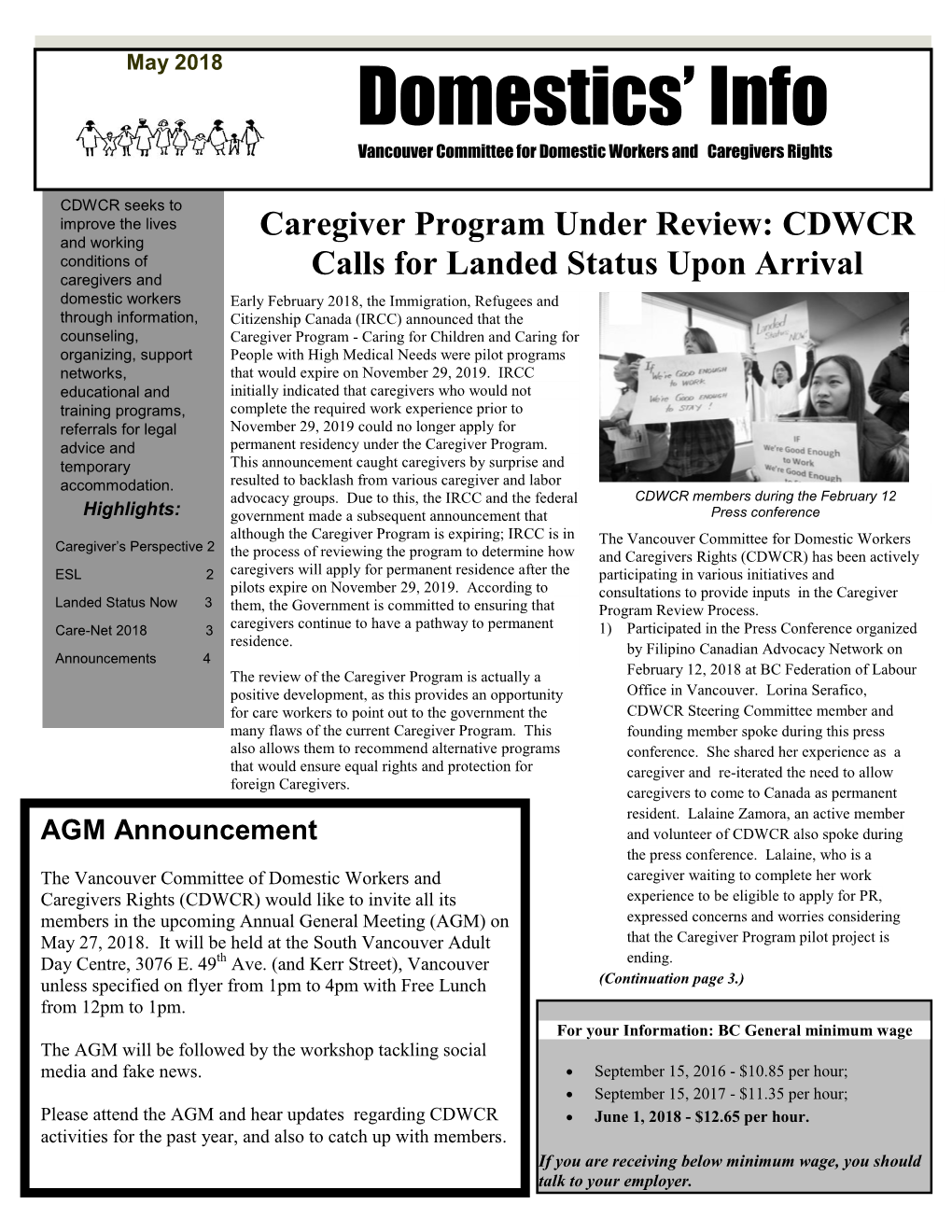 May 2018 Domestics’ Info Vancouver Committee for Domestic Workers and Caregivers Rights