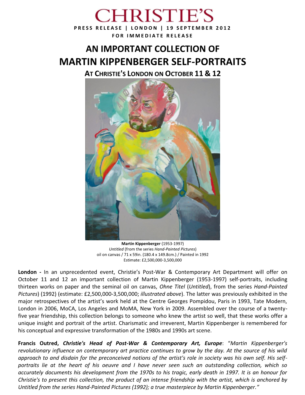 Martin Kippenberger Self-Portraits at Christie's London on October 11 & 12