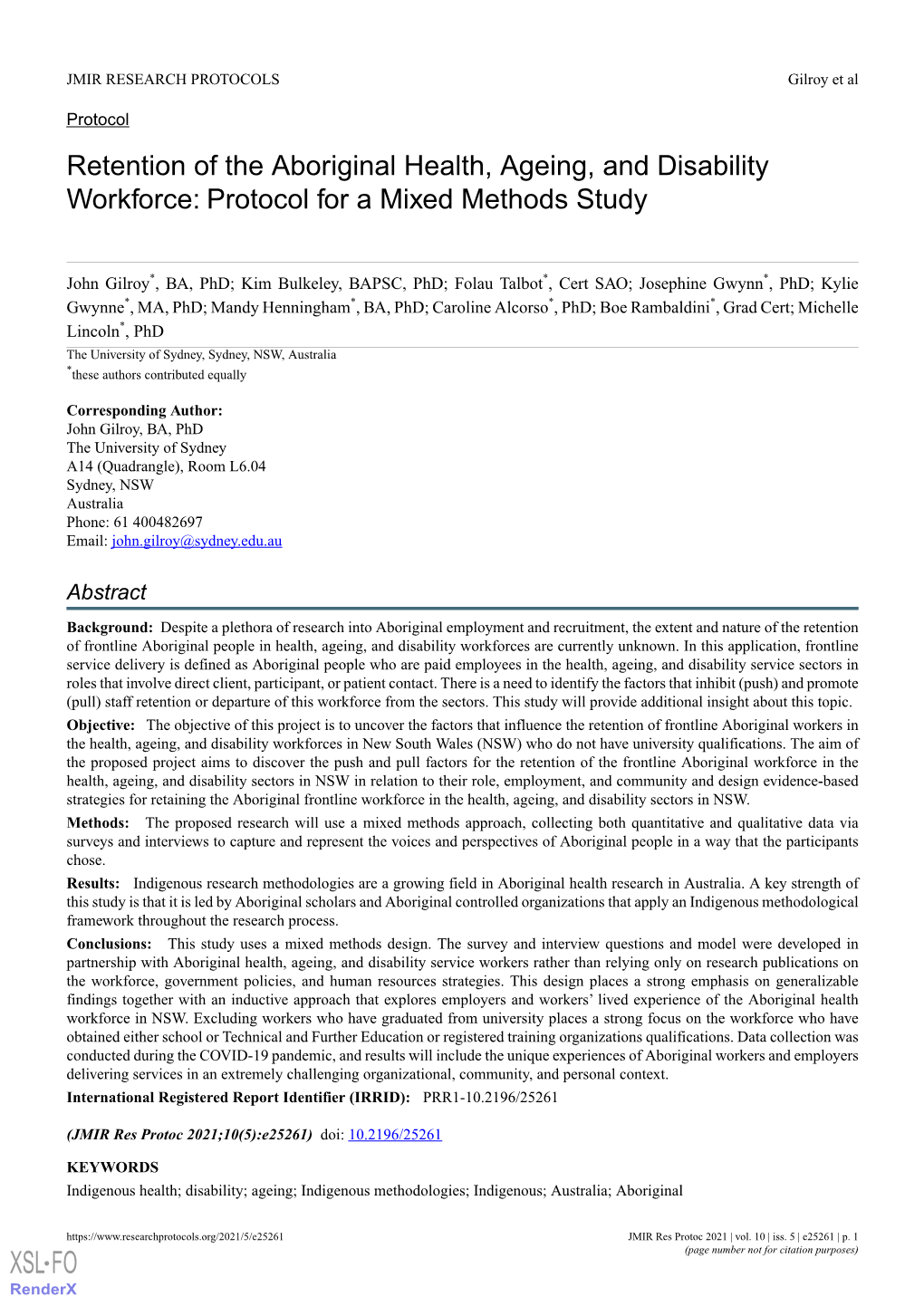 Retention of the Aboriginal Health, Ageing, and Disability Workforce: Protocol for a Mixed Methods Study