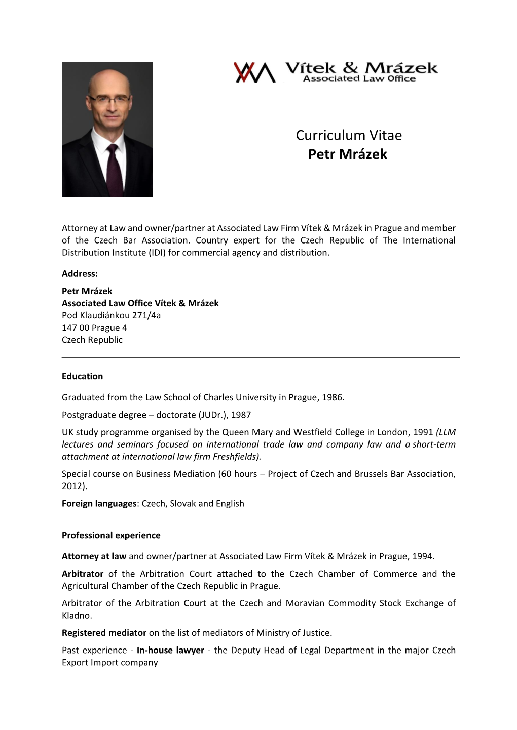 Curriculum Vitae Petr Mrázek