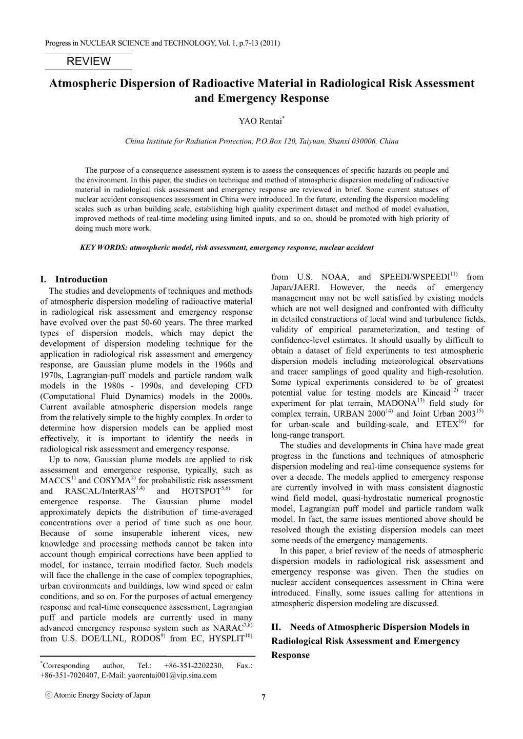 Atmospheric Dispersion of Radioactive Material in Radiological Risk Assessment and Emergency Response