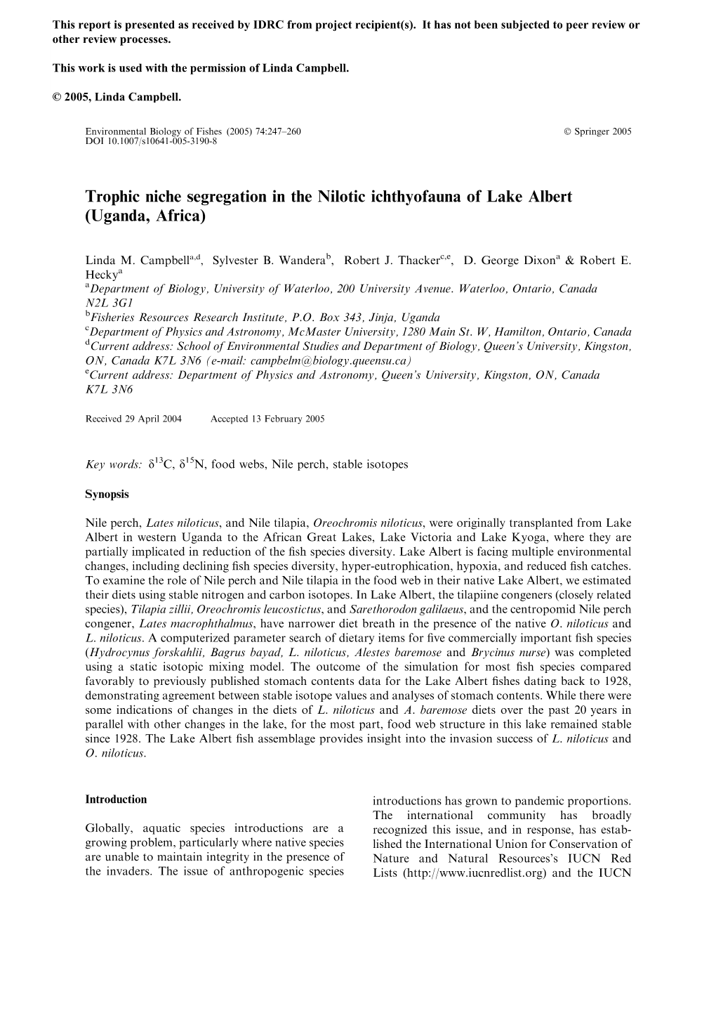 Trophic Niche Segregation in the Nilotic Ichthyofauna of Lake Albert (Uganda, Africa)