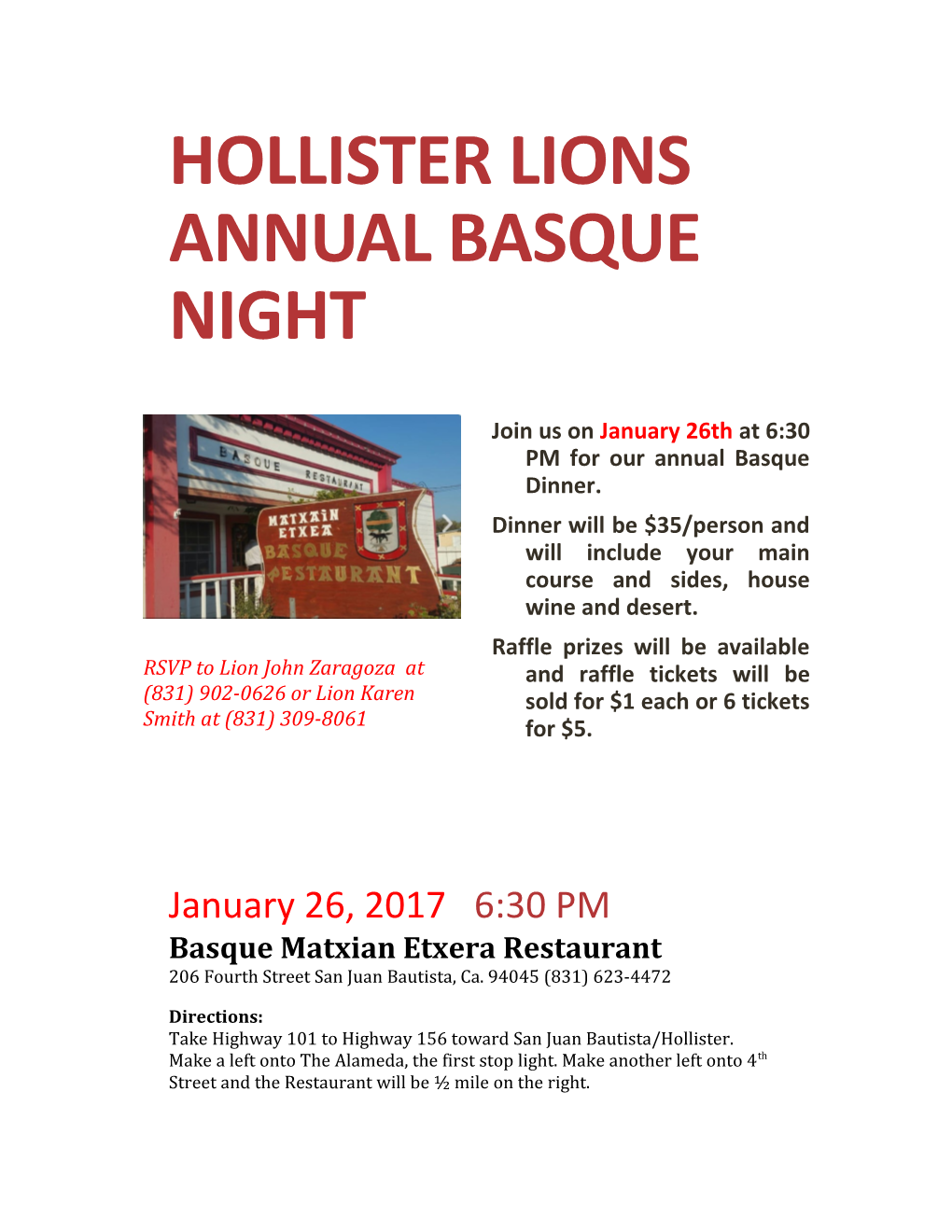 HOLLISTER LIONS ANNUAL Basque Night